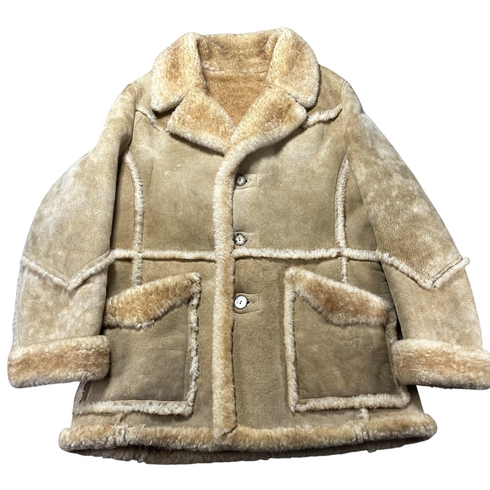 VTG 70s Shearling Coat Mens XL Beige Suede Wool Lined Sheepskin Western Overcoat